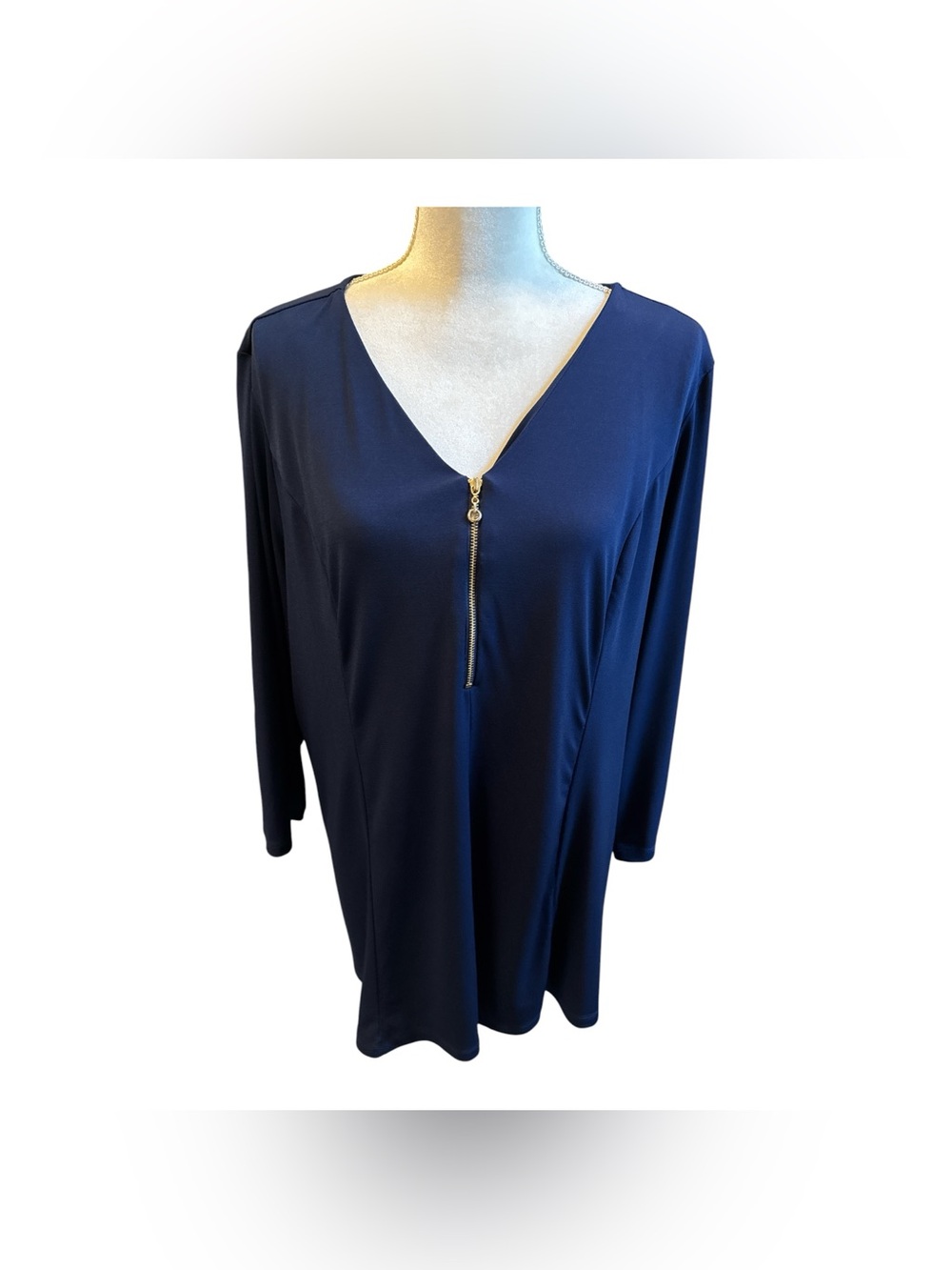 Susan Graver Liquid Knit Rich Navy Top Featuring Gold Zipper Accents-XL #50